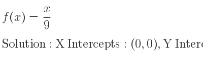 The f(x)= x/9 is X Intercepts: (0,0),Y Intercepts: (0,0)